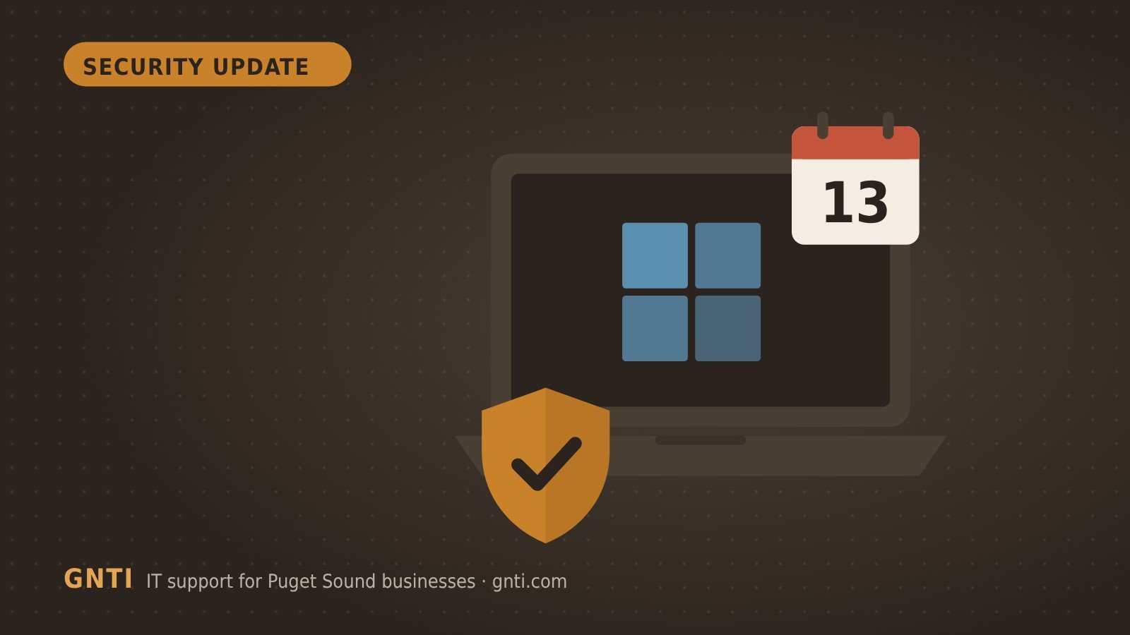 Illustration of a laptop showing the Windows logo, a calendar marked 13 and a security shield
